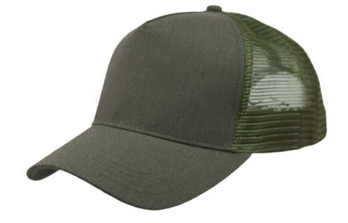 C6735 – Linen Fronted 5 Panel Structured Trucker Cap with Plastic Snap Adjuster