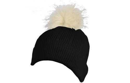 S0015 – 100% Acrylic flat ribbed knit beanie with turn-up and faux fur bobble